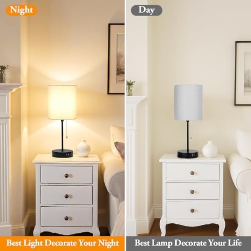 17.3'' Table Lamps Nightstand Set of 2 with 2 USB & AC Outlet, Grey