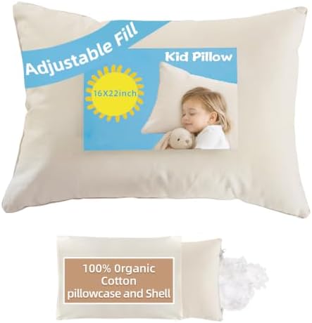 Adjustable Kids Pillow for Ages 4-12 with Organic Cotton Pillowcase