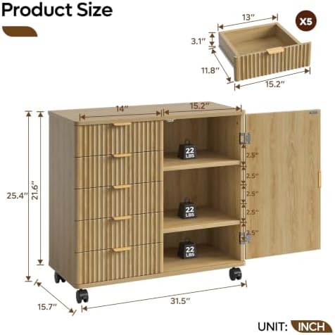 Bestier Office Storage Cabinet with 5 Drawer Adjustable Shelf, Oak
