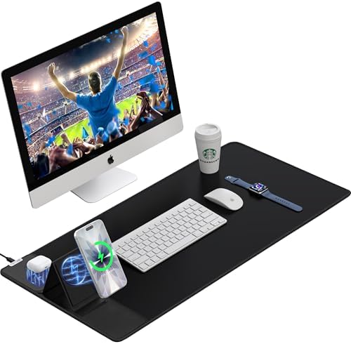 Wireless Charging Mouse Pad with Foldable Phone Holder, 15W Magnetic Fast Charging for iPhone Samsung, 31.5"x15.75" Large Desk Mat for Laptop/Keyboard, Waterproof Gaming Mousepad with Non-Slip Base
