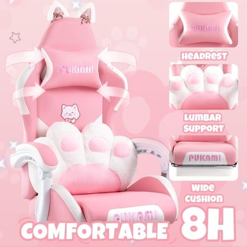 Pink Gaming Chair with Cat Ears & Footrest, Ergonomic Gaming Computer Desk Chair with Cat Paw Lumbar Support & Linked Armrests - Cute PU Leather Game Chair for Girls Adults