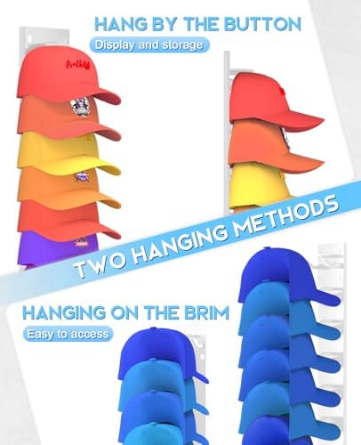4 Pack Hat Organizer for Baseball Caps, Strong Adhesive Hat Rack for Wall, Multilayer Hat Storage Display Holder for Door Closet, Cap Organizer Storage Wall Mounted Hat Hooks Hold up to 36 Hat (White)