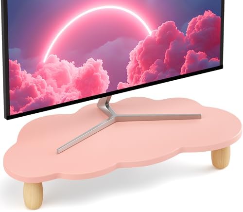 AFOOYO Monitor Stand Riser,Cloud Shape Wood Computer Monitor Stand, 16.5IN Monitor Stand Riser, Multi-Purpose Desktop Organizer Riser for Computer,Laptop,Printer,TV,Pink