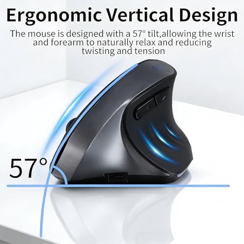 Bluetooth Wireless Dual-Mode Vertical Mouse - Silent Click, Ergonomic Comfort for Office & Home Use, Rechargeable with LED Breathing Light, Compatible with Multiple Devices (Black)