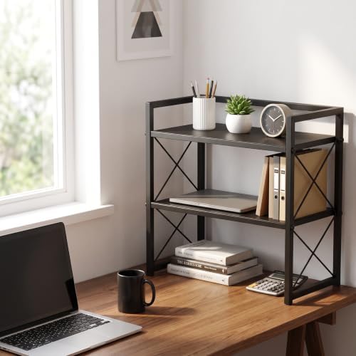 Adjustable Desktop Bookshelf, Metal Desk Shelf Organizer, Black