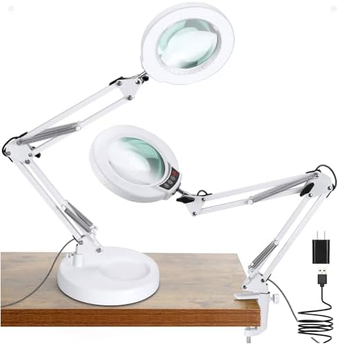 12X Magnifying Glass with Light and Stand, 5 Color Modes Stepless Dimmable 2-in-1 Lighted Magnifier with Clamp, LED Desk Lamp Hands Free for Crafts Hobby Reading Painting Sewing Close Work White