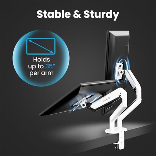 EVEO Premium Dual Monitor Mount 14"-35” Dual Monitor Arm VESA Bracket Adjustable Height Gas Spring Dual Monitor Stand, Screen Full Motion Dual Monitor Arm-Computer Monitor Stand for 2 Screens - White
