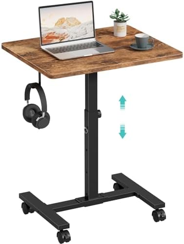 WINAZ Small Portable Laptop Rolling Desk - 24 Inch Mobile Computer Desk Adjustable Height on Wheels for Small Spaces, Couch Kids Desks End Side Table, Teacher Podium for Classroom, Rustic Brown