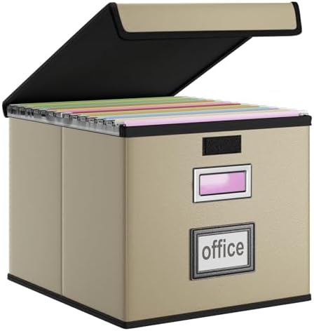 Foldable File Organizer Box with Lids (1 Pack, Khaki, Leather)