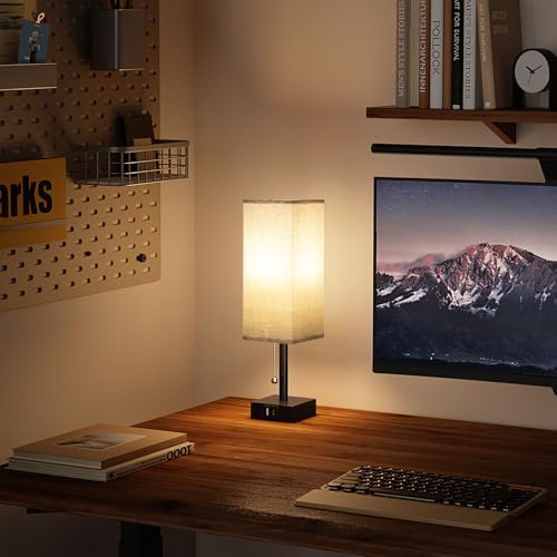 Set of 2 Grey Bedside Table Lamps for Bedroom - Nightstand Lamp, USB C+A