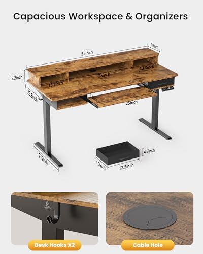 Electric Standing Desk with Keyboard Tray, 55x24 Inches Height Adjustable Stand up Desk with 2 Drawers, Ergonomic Sit to Stand Table with Storage Monitor Stand, Rustic Brown