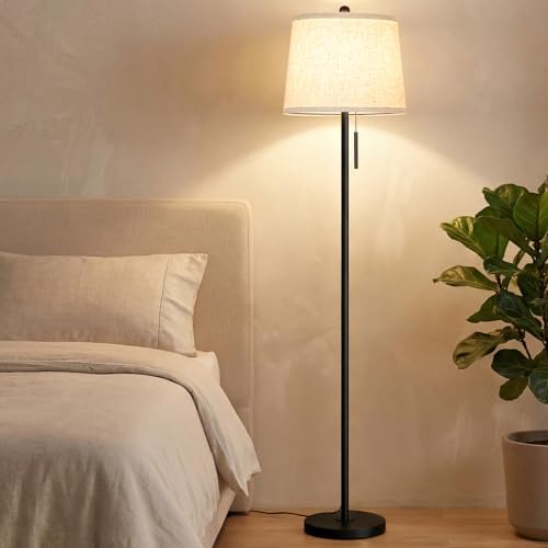 JUNNAI 【Upgraded】 Modern Black Floor Lamp 63in Standing Lamp for Living Room Bedroom Office 3 Way Brightness Dimmable Tall Pole Light with Beige Linen Shade Metal Shade 8W 3000K LED Bulb Included