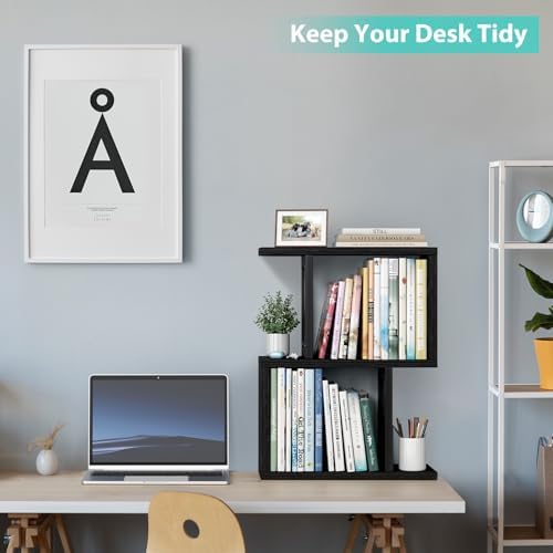 Desktop Bookshelf Shelf for Top of Desk - Black Small Organizer 3-Tier Shelves Storage Bookcase Hutch for Dorm Office College Table Top Organization Shelving Decorations for Women Office
