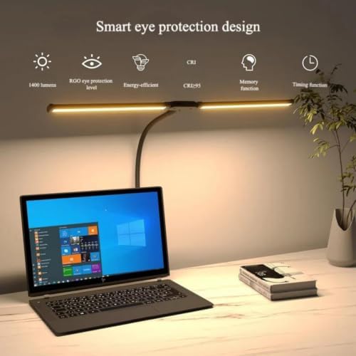 LED Desk Lamp for Home Office Eye-Caring Monitor Tablelamp with Clamp Color Changing Dimmable with Flexible Gooseneck Doublehead,Black
