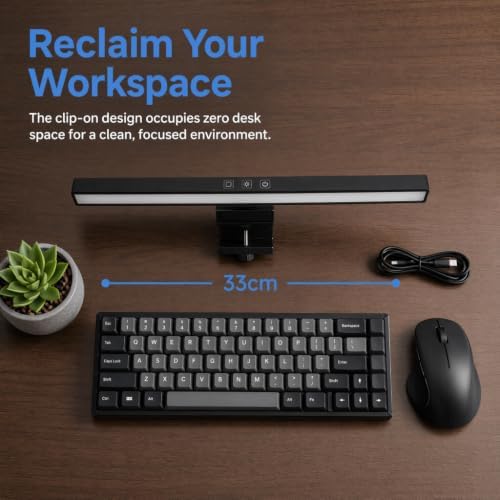 Laptop Monitor Lamp, Black LED Computer Monitor Light Bar, Anti Blue Light Clip-On ABS Screen Lamp, 13 x 0.6 in