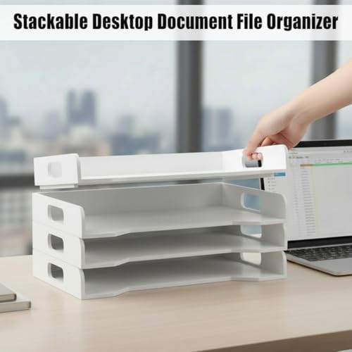 Yinkin Wooden Stackable Paper Trays 4-Tier Wooden Paper Organizer for Desk Letter Documents Woodens Desktop File Organizers for Desktop File Holder and Office Supplies Rack for Home Office Use(White)