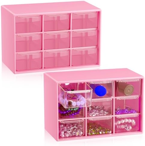 Wenqik 2 Pcs Mini Storage Drawers with 9 Clear Drawers, Rose Red