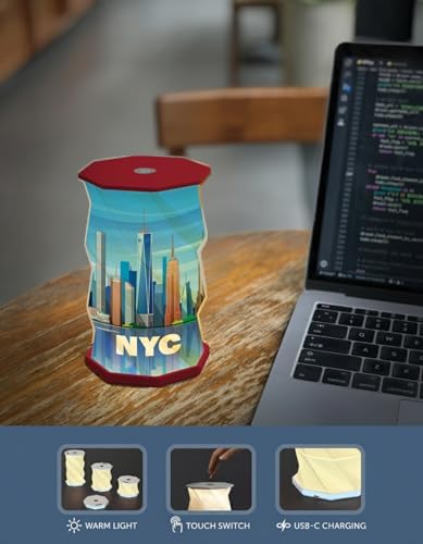 Origami Expanding Foldable LED Desk Lamp – USB Rechargeable & Portable - Dimmable Touch Control Light with Adjustable Height up to 5 1/2 for Office, Bedside - Sleek & Modern Design (NYC City Scape)