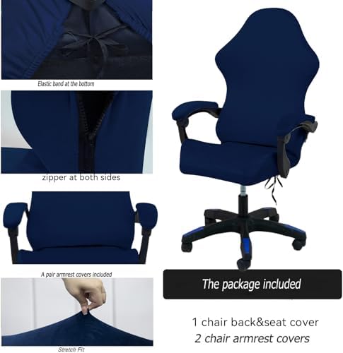 Gaming Chair Cover Set with Armrest Covers, Velvet Stretch Slipcover 1-Piece Form Fit Cover & Chair Armres Covers Included（no Chair） (Navy Blue)