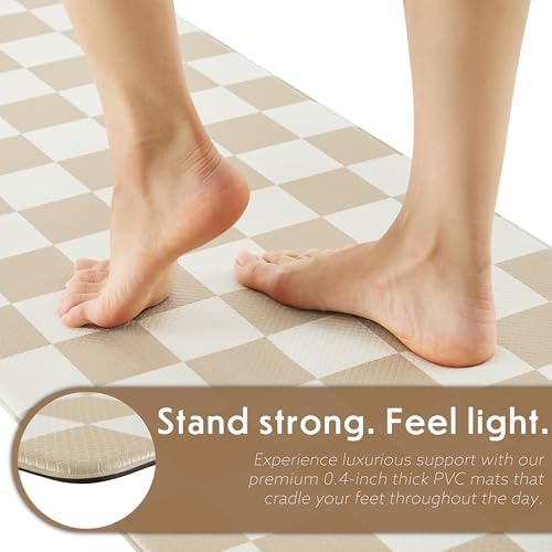 Ohocut Beige Khaki Checkered Kitchen Mats for Floor Set of 2, 2 Pcs Cushioned Non Slip Runner Rugs for Kitchen/Sink/Laundry, Comfort Aesthetic Cute Anti-Fatigue Foam Floor Mat 17.3"x29.5"+17.3"x47.2"