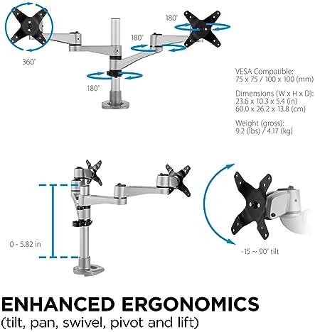 ViewSonic LCD-DMA-001 Monitor Desk Mounting Arm for 2 Monitors up to 24 Inches Each, VESA Compatible, Full Ergonomic Adjustability, 2-in-1 Mounting Base, and Built-in Cable Management