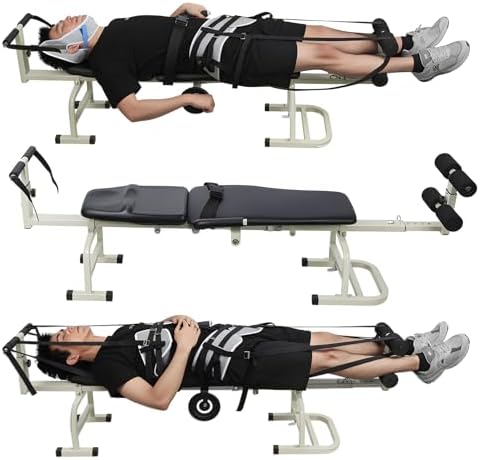Inversion Massage Traction Table, Portable Cervical Lumbar Traction Bed Spine Stretcher Decompression Machine, Neck & Back Pain Relief Device with Ergonomic Handwheel, 350 LB Capacity (Black)