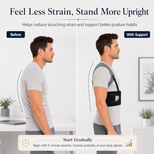 Posture Corrector for Men, Adjustable Upper Back Brace with Breathable Mesh Back, 4 Flexible Support Stays & Underarm Fit Adjustment, Back Straightener Helps Reduce Slouching Strain for Desk Work, Sitting, Reading & Posture Training