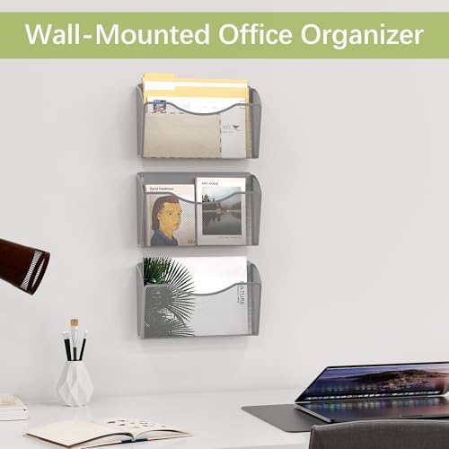 EasyPAG Wall File Organizer 3 Pack, Hanging File Organizer Wall Mount, Metal Mesh Folder Holder for Letter/A4 Papers, Mail Sorter for Office, Classroom, Home, Silver