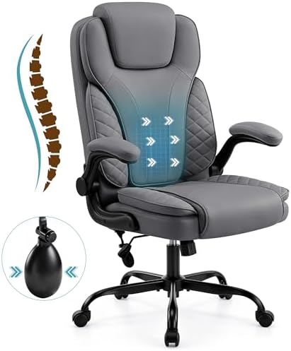 Ergonomic Office Chair, PU Leather High Back Executive Chair with Adjustable Inflatable Lumbar Support and Padded Flip-Up Arms, Recline Swivel Task Computer Chair for Home Office, Gray