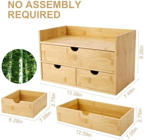 Charmewooden Bamboo Desk Organizer With Drawers Countertop Drawers Counter Storage Box Corner Desk Organizer for Home Office No Assembly Required