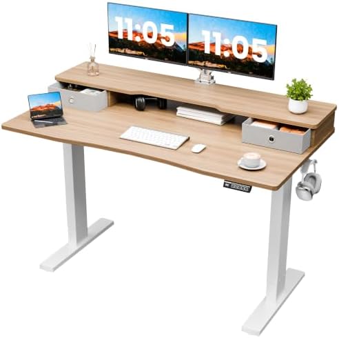 Realbear 55x26 Inch Electric Standing Desk with Drawers, Maple