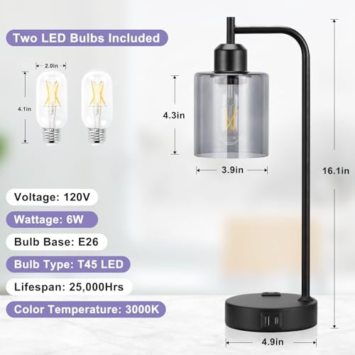 Innqoo Industrial Touch Bedroom Lamps for Bedrooms Set of 2-3-Way Dimmable Table Lamps with USB C+A Ports and Outlet, Bedside Lamps with Gray Glass Shade for Living Room, Desk Lamps for Home Office