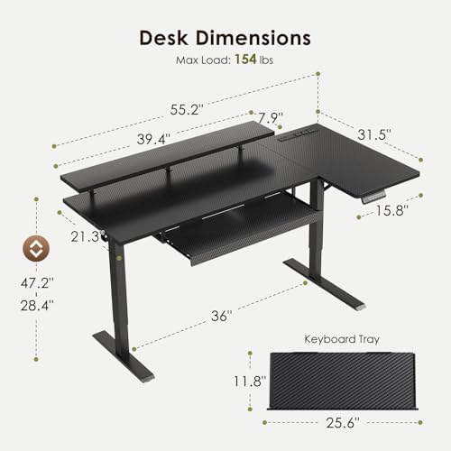 OffiGo 55" Reversible L Shaped Electric Standing Desk, Carbon Fiber Black