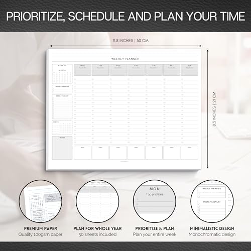 Weekly Hourly Planner Notepad, Daily Planner Desk Pad, Weekly Schedule, To Do List Note Pad, ADHD Planner | 50 Undated Tear Away Sheets | A4 (Mono)