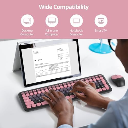 Surmen Black Pink Keyboard and Mouse Wireless Quiet, Full-Size Girly Slient Keyboard Retro Typewriter Low-Noise 2.4GHz for Computer, Desktop, Laptop (110-Heimei Pink)