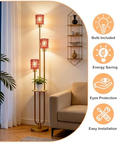 62IN Gold Floor Lamp with Deep Red Glass Shade 3-Lights Mid-Century Modern Farmhouse Floor Lamps with 3000K Warm White Bulbs, Tall Standing Lamp with 5Lbs Heavy Base for Living Room/Bedroom