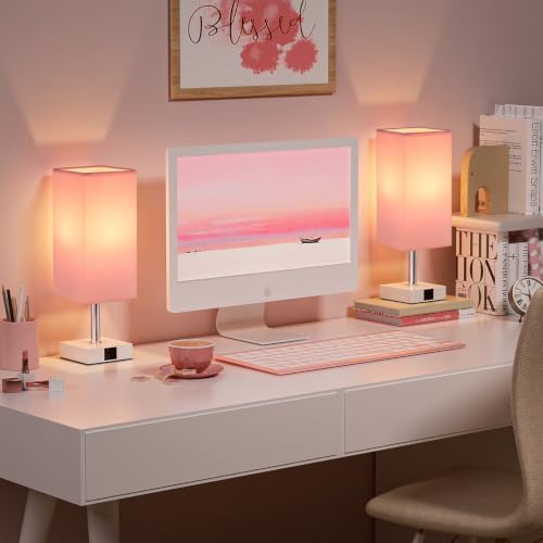 Touch Table Lamps Set of 2 for Bedroom - Dimmable, USB C+A, White Base
