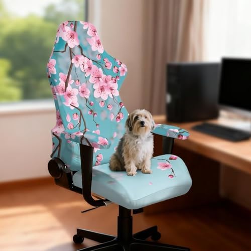 Teal Gaming Chair Cover Stretchable Cherry Blossom Computer Desk Chair Cover with Armrest Covers,4Pc/Set Soft Non Slip Office Chair Covers Slipcovers