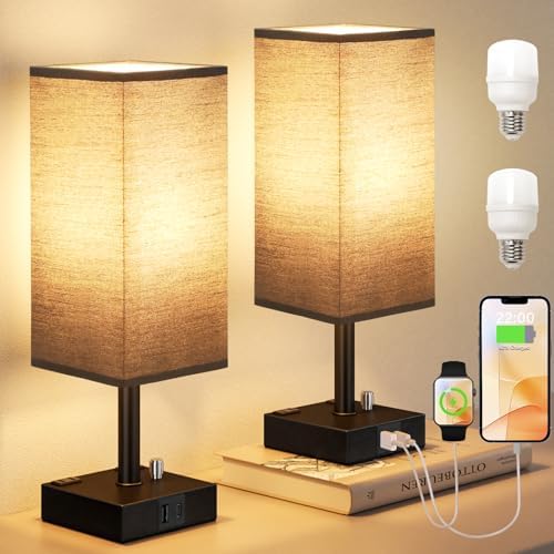 Black Bedside Table Lamps Set of 2 - Dimmable, USB C+A, 2 AC Outlets