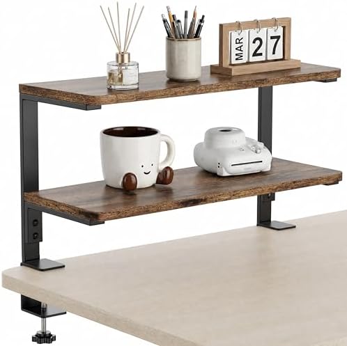 2-Tier Desk Extender, 22-inch Clamp-On Desk Shelf, Height-Adjustable Desktop Shelf Organizer for Monitors Office and Gaming Accessories, Arm Support Table Extension, Dark Brown
