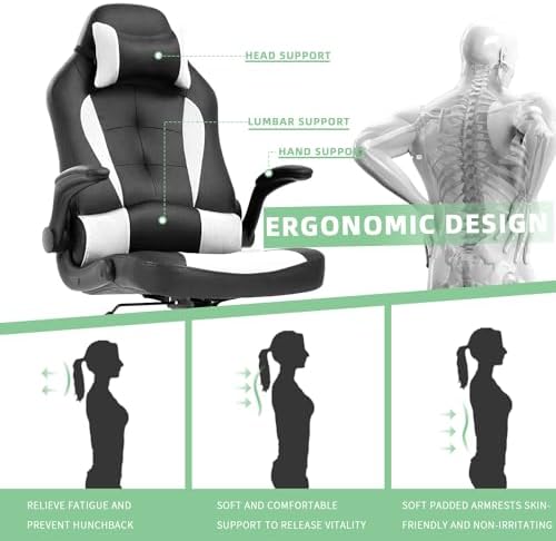 PC Gaming Chair,High Back Ergonomic Racing Office Desk Executive Chair with Lumbar Headrest Support,Flip Up Arms,PU Leather 360° Swivel for Kids Adults Women Men Gaming Home Office,White