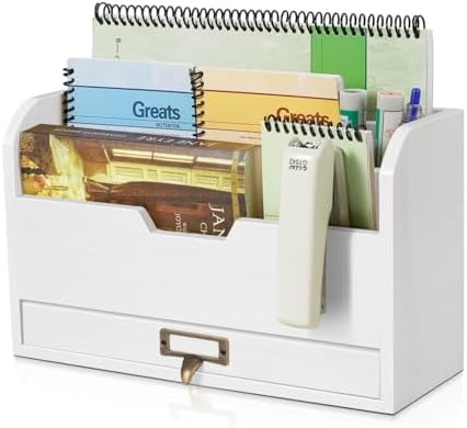 Flexzion Wood Desk Organizer, 3-Tier Mail Organizer with Drawer, Beige Wood