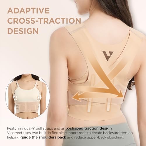 Vicorrect Adjustable Posture Corrector for Women: Invisible Under Clothes - Comfortable Back Support Bra for Upper Back Neck Shoulder Pain Relief - Ideal for Sitting Exercise Daily Wear (Beige Medium)