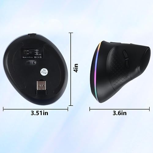 Wireless Mouse, Vertical Ergonomic Mouse 2.4G Bluetooth Dual Mode 3 DPI Rechargeable Connect Multiple Devices Vertical Mouse 6 Buttons and RGB Lights Suitable for PC Laptop Computer(Black)