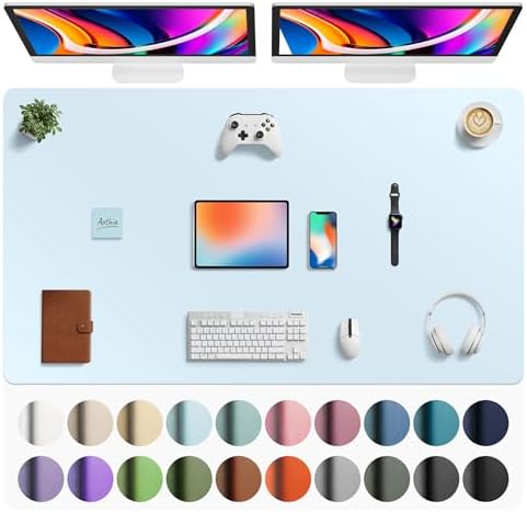 Aothia Faux Leather Desk Mat - Large Mouse Pad, Non-Slip PU Leather Blotter, Waterproof Writing Surface for Office and Home (Baby Blue, 63" x 24")