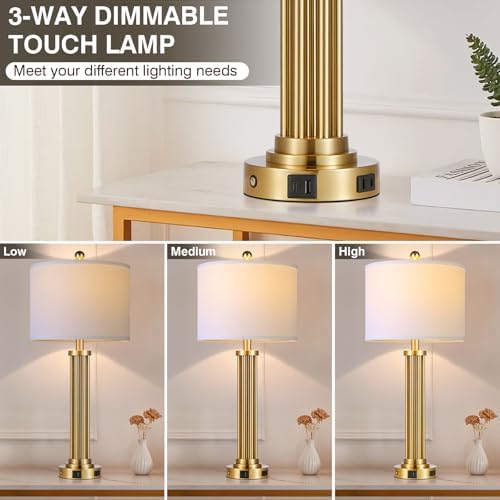 28" Tall Modern Table Lamp with USB C+A Ports and AC Outlet, 3 Way Touch Metal Bedside Lamps for Bedroom, Gold Nightstand Lamps for Living Room