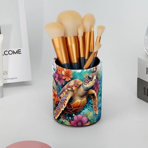 Desk Organizer Pen Holder for Desk, Sea Turtle Flower Pencil Holder, Large Capacity Pen Cup Makeup Brush Holders Desktop Office Supplies Storage Organizer