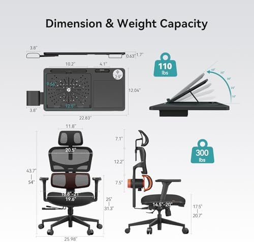 Newtral Office Chair Ergonomic - Home Office Desk Chair, Big and Tall Office Chair, Auto-Following Lumbar Support for Back Pain, Adjustable Seat Depth and Height (No Foot Rest + Laptop Table, Black)