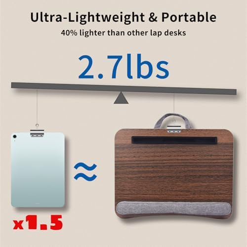 Home Office Lap Desk with Wrist Rest Laptop Bed Desk for Notebook, Laptop, Tablet, Lap Stand with Tablet, Phone Holder Fits Up to 14 Inch Laptops (Brown)