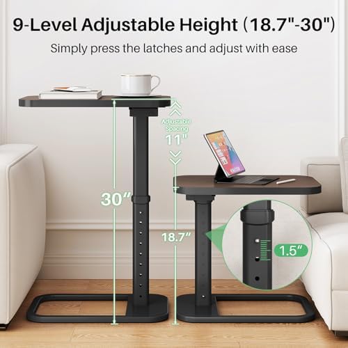 Kitstorack TV Tray Table, Adjustable Height & Rounded Metal Corners, Snack Table for Couch, Sofa, Bed, Chair, Living Room, C Shaped End Side Table for Eating, Dinner or Laptop, Small Spaces, Espresso